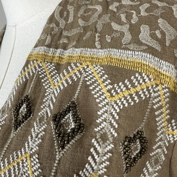 Chico's Linen Blend Jacket Beaded Embroidered Lined Boho 3/4 Sleeve Tan‎ Size 2 - Picture 4 of 12